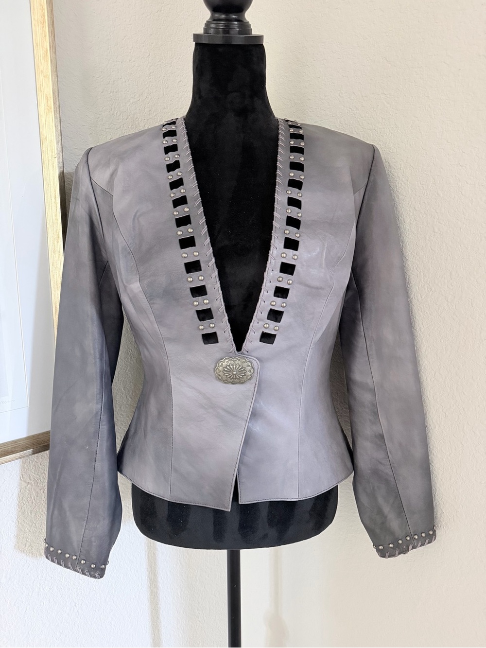 Double D Ranch gray leather jacket w/silver concho, studs & black velvet ribbon